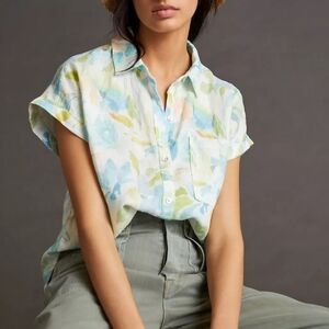 Cloth & Stone Watercolor Floral Print 100% Linen Button Front Shortsleeve Top